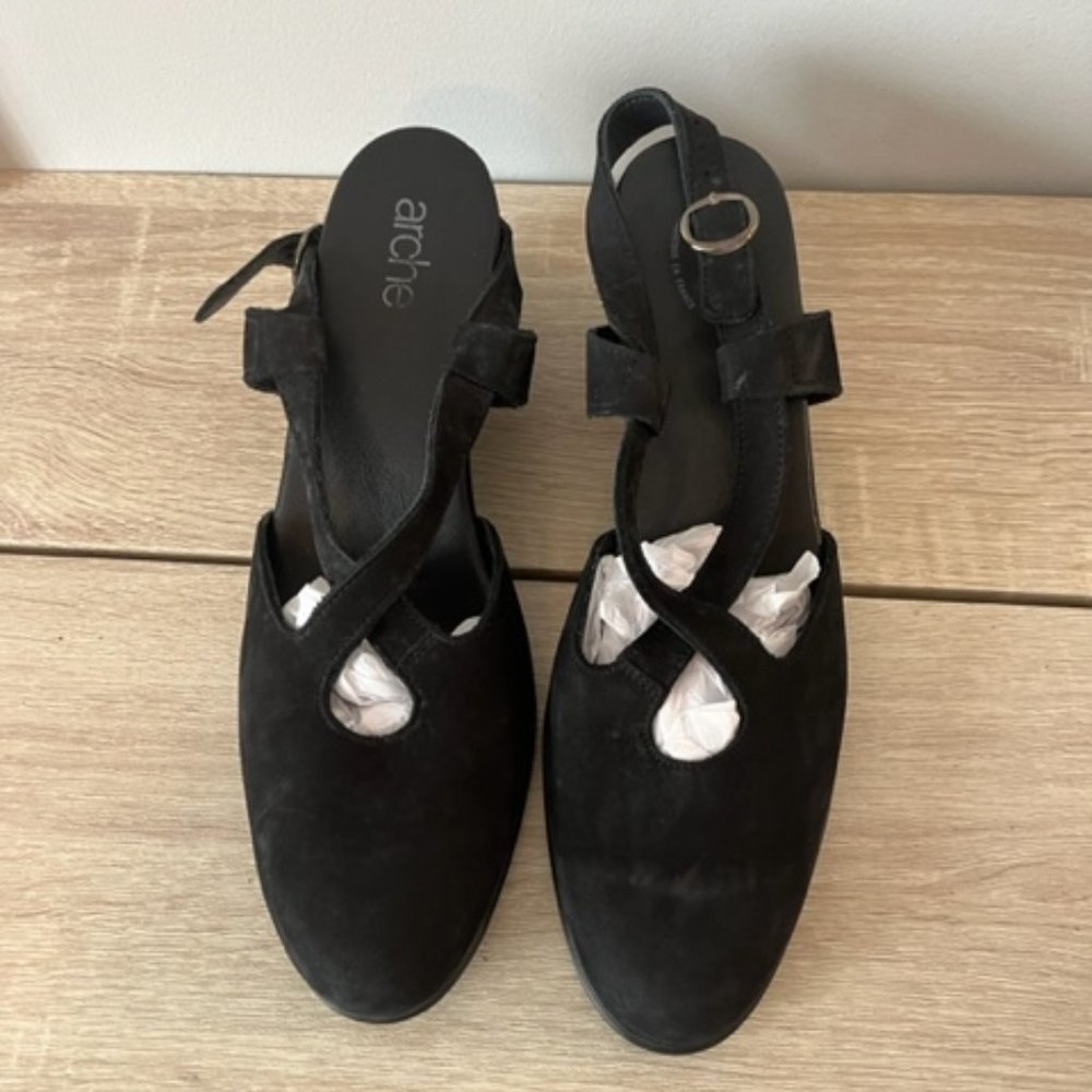 Arche Black Suede Cross-Strap Wedge Slingbacks